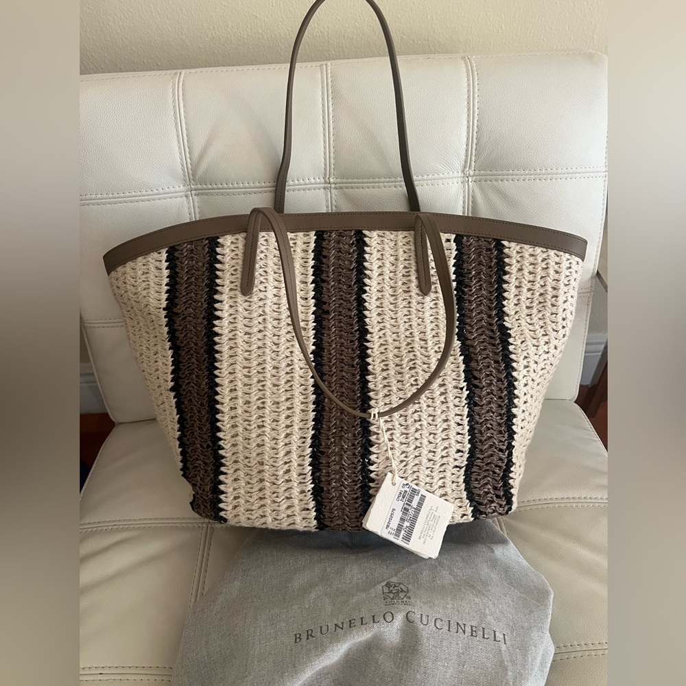 NWT 3K Brunello Cucinelli Italy Brown Cream Sequins Knitted Tote Handbag Bag - Picture 12 of 14